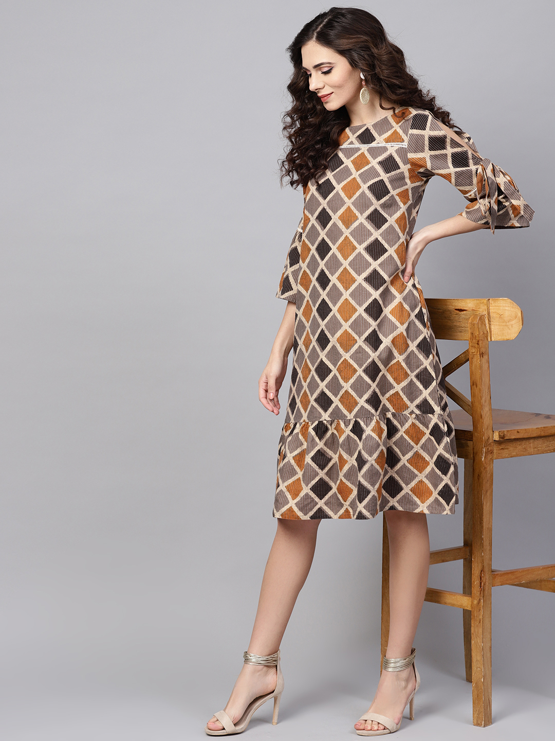 Mustard Geometric A-Line Cotton Kantha Dress